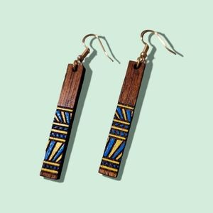 Mahogany Wood Hand Painted Bar Earrings, hypoallergenic Gold Hooks